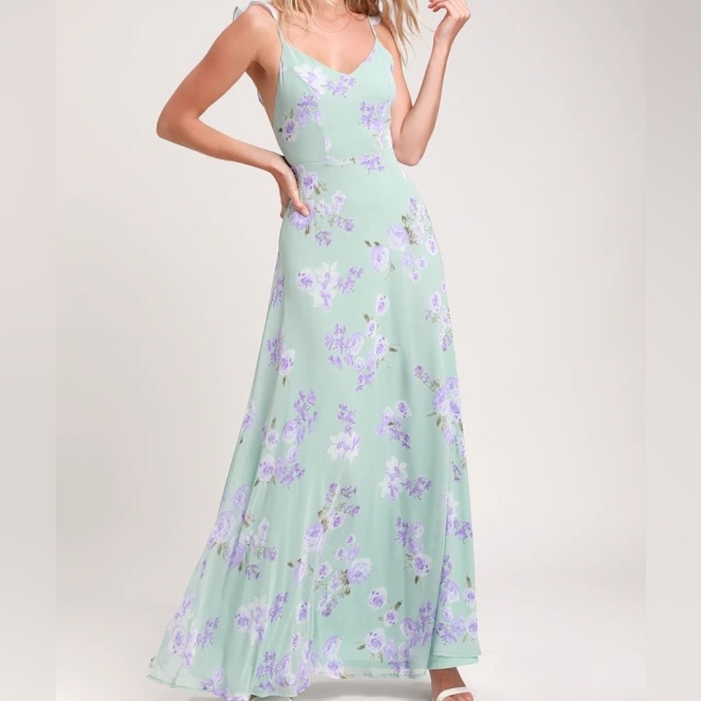Lulus Meteoric Rise Blue Floral Mint Green Maxi Dress